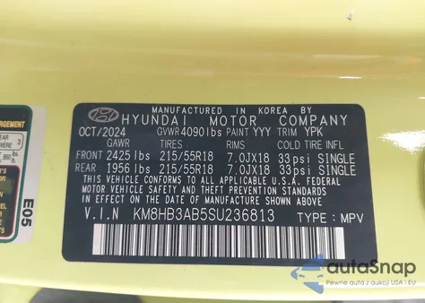 2025 Hyundai Kona Sel from USA, damaged, VIN KM8HB3AB5SU236813
